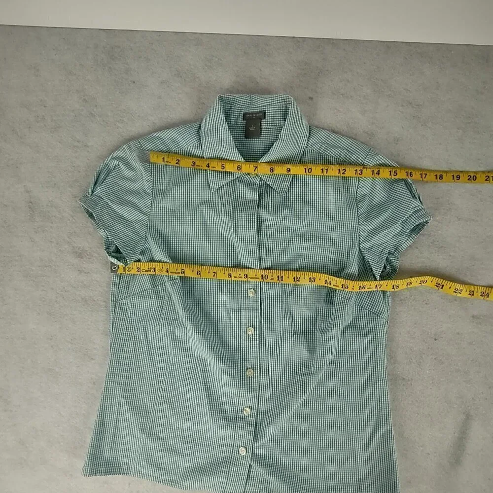 Ann Taylor 100% Cotton Blue White Checkered Short Sleeve Button Down Shirt Sz S - Picture 7 of 10